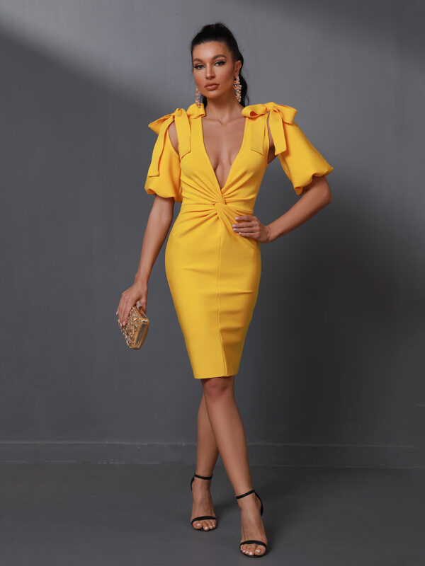 Stylish V Neck Draped Bodycon Dress Gold 3