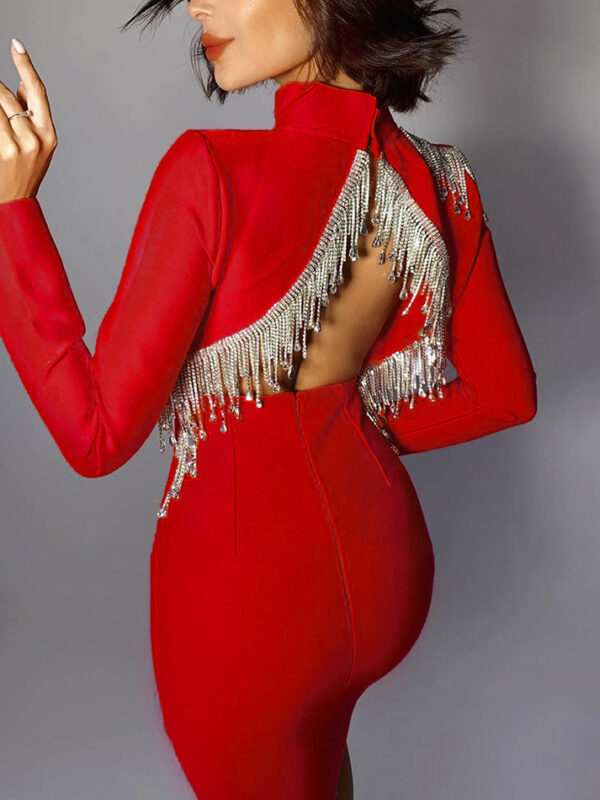 Tassel Diamonds Backless Bandage Dress Red 2