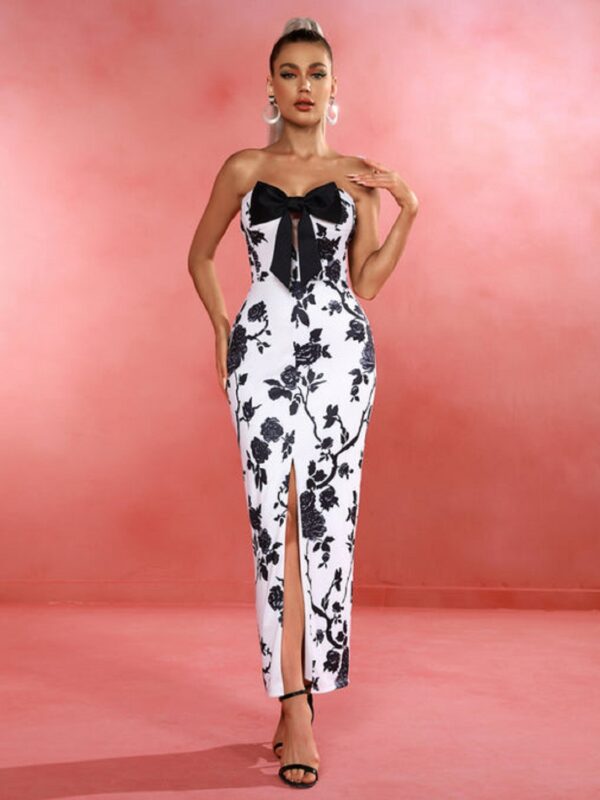 Trendy Bow-embellished Floral Jacquard Maxi Dress 7