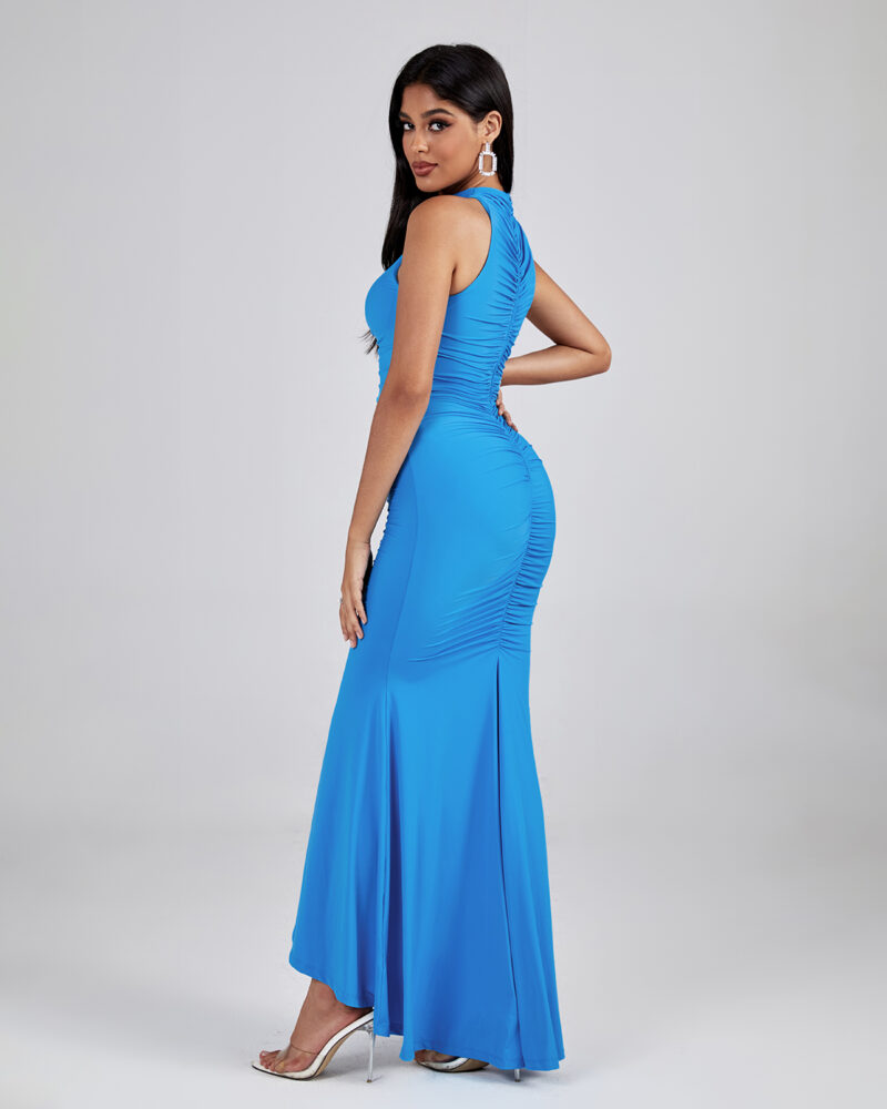 Stylish Turtleneck Maxi Bodycon Dress Blue 2
