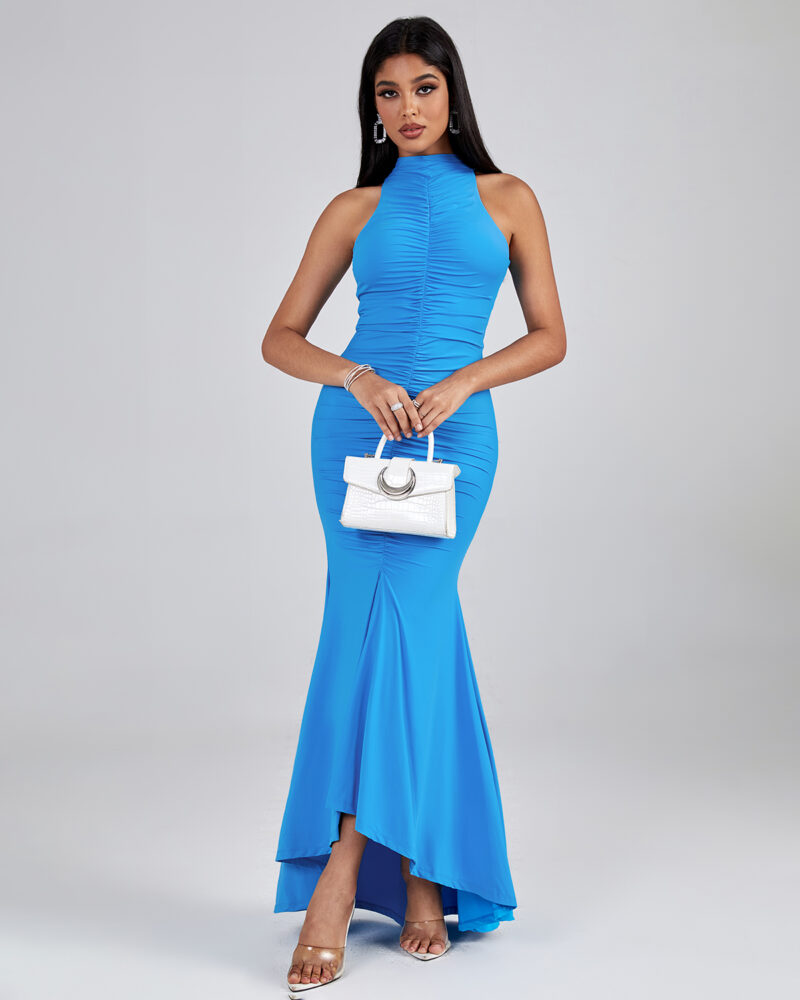 Stylish Turtleneck Maxi Bodycon Dress Blue 3