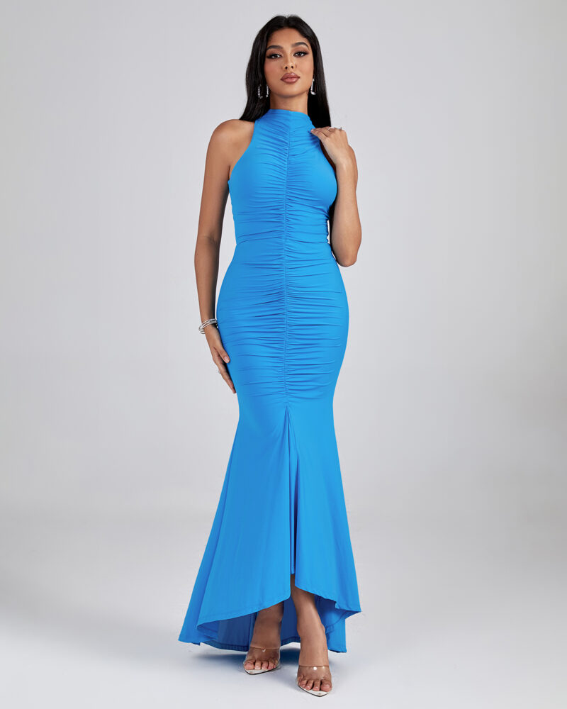 Stylish Turtleneck Maxi Bodycon Dress Blue 5