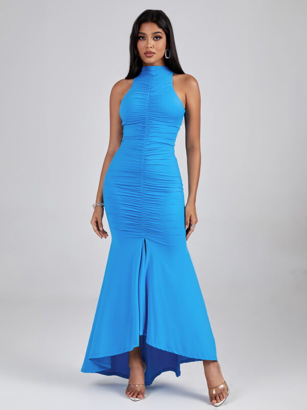Stylish Turtleneck Maxi Bodycon Dress Blue 6