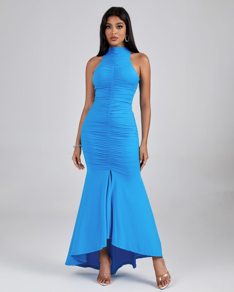 Stylish Turtleneck Maxi Bodycon Dress Blue 6