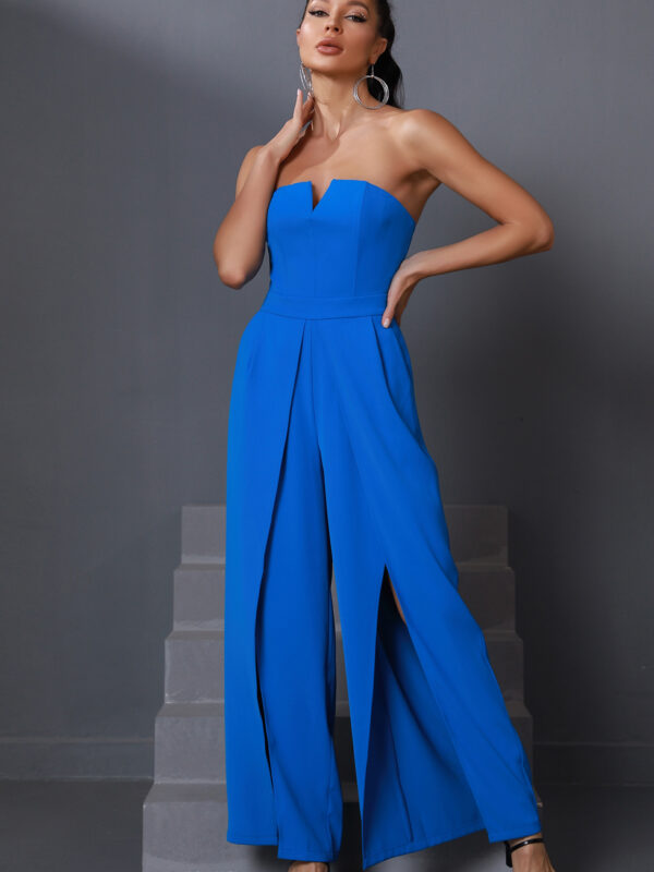 Wide Leg Women Strapless Jumpsuit Blue 3
