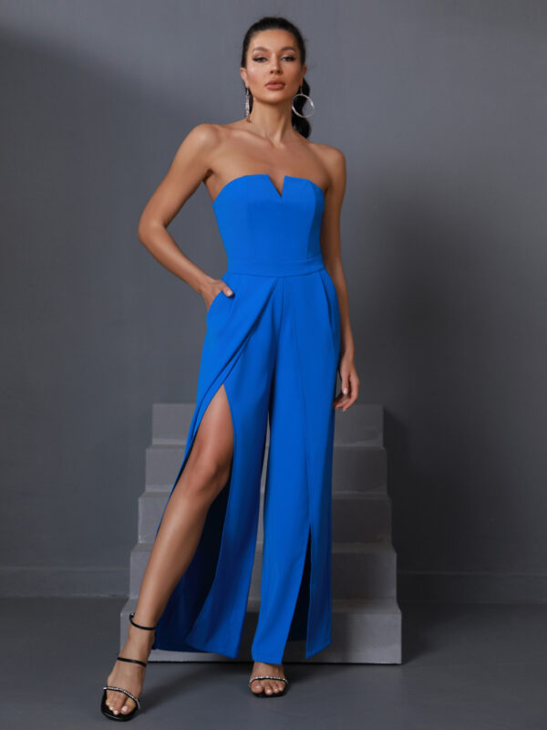 Wide Leg Women Strapless Jumpsuit Blue 4