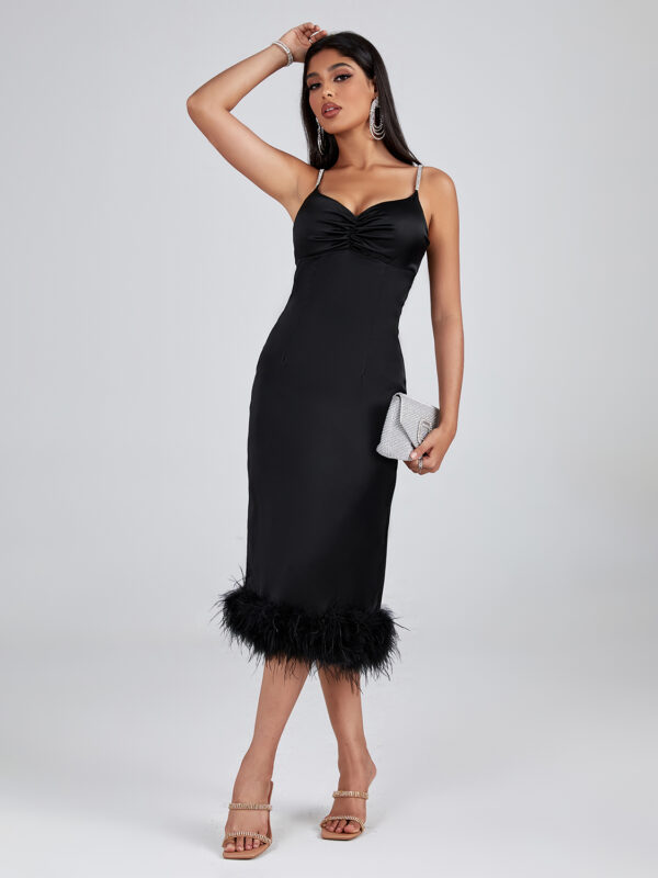 Women Black Feather Trim Party Dress Black 1