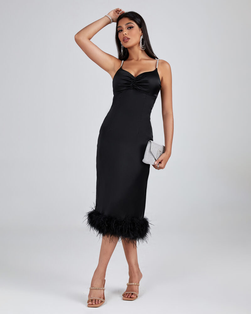 Women Black Feather Trim Party Dress Black 1