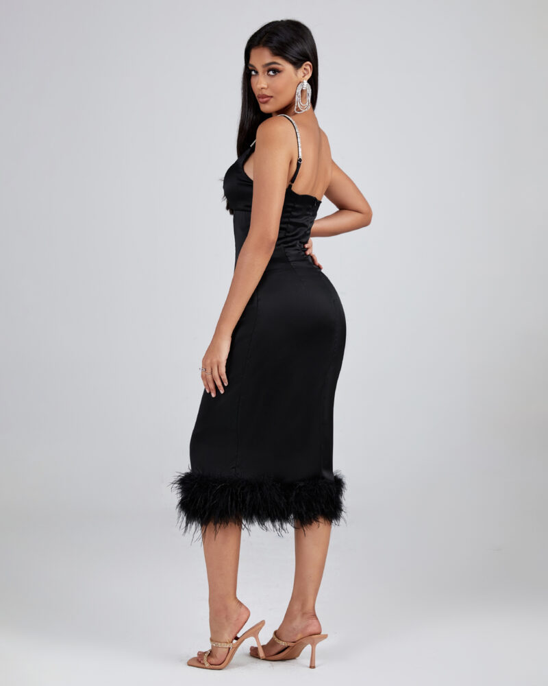 Women Black Feather Trim Party Dress Black 2