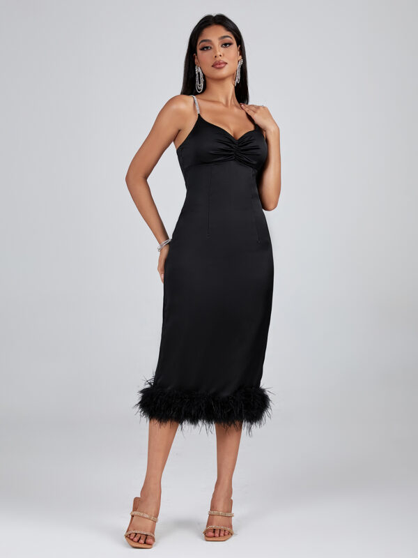 Women Black Feather Trim Party Dress Black 3