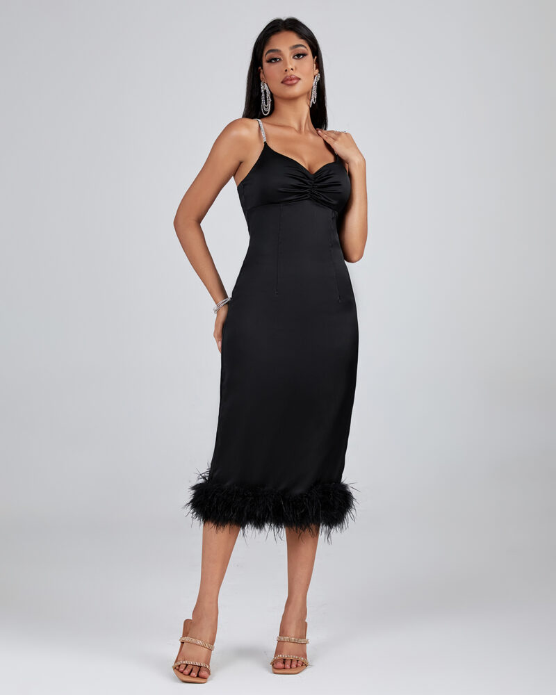 Women Black Feather Trim Party Dress Black 3
