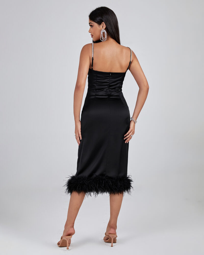 Women Black Feather Trim Party Dress Black 5