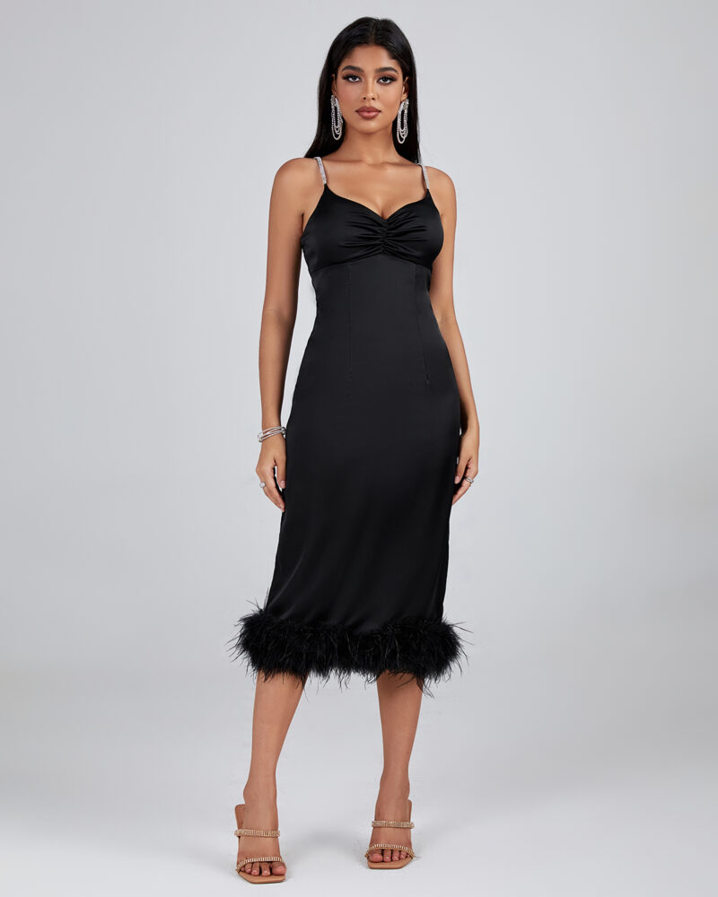 Women Black Feather Trim Party Dress Black 6