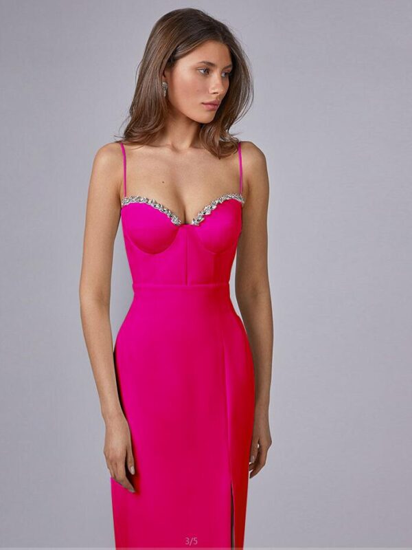 Women's Casual Beaded Spaghetti Strap Backless Bandage Pink Dress 2