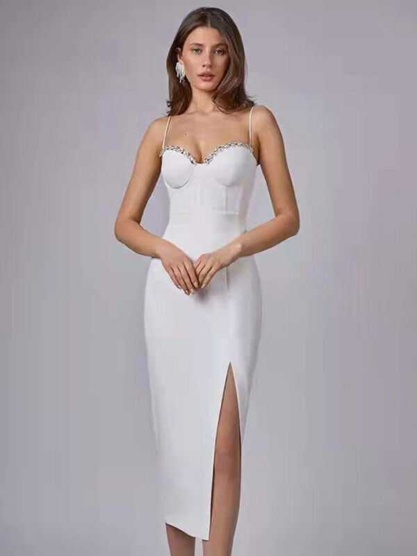 Women's Casual Beaded Spaghetti Strap Backless Bandage White Dress 3