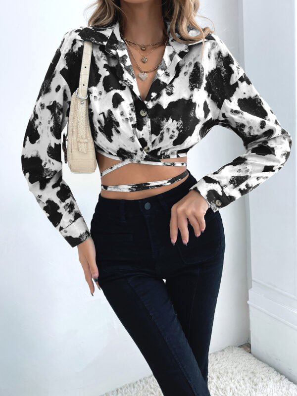 Cows Print Lace Up Crop Shirt
