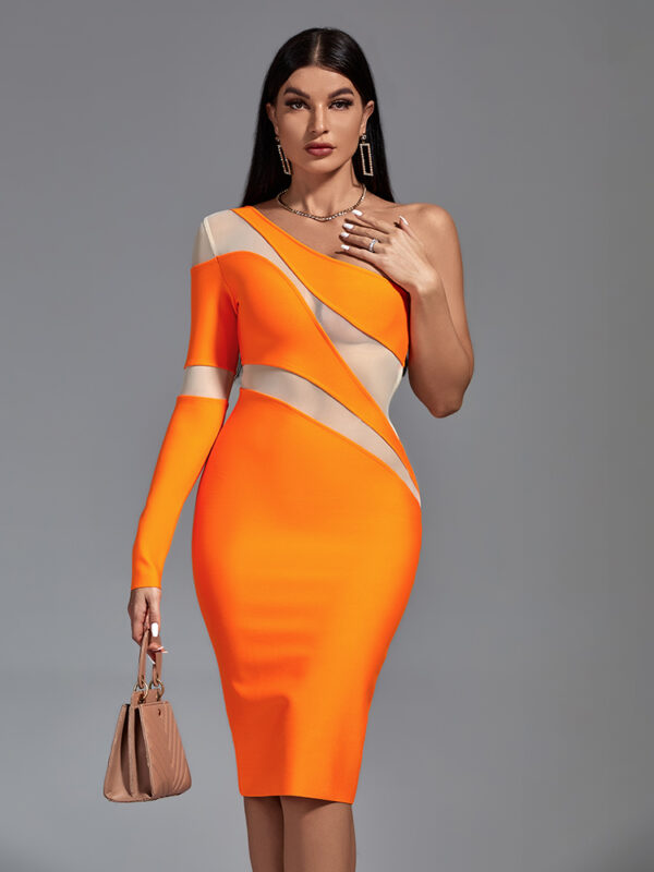 Asymmetrical Mesh Long Sleeve Bandage Dress 1