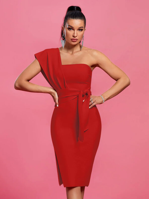 Belted One Shoulder Bandage Dress Red 1
