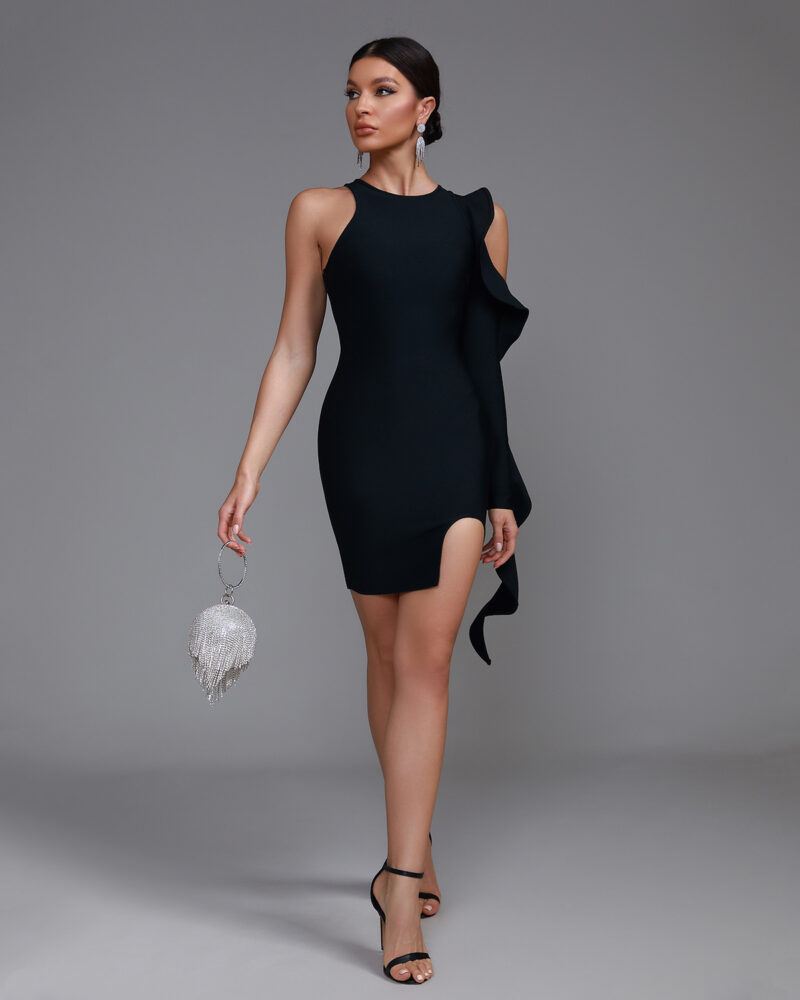 Black Asymmetric Ruffle-Trim Bandage Dress Black 1