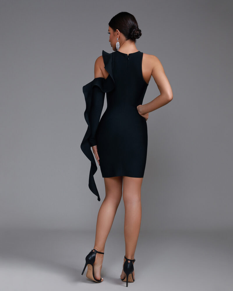 Black Asymmetric Ruffle-Trim Bandage Dress Black 4