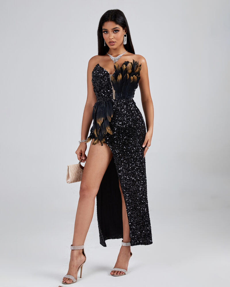 Black Asymmetric Sequined Strapless Feather Dress 1