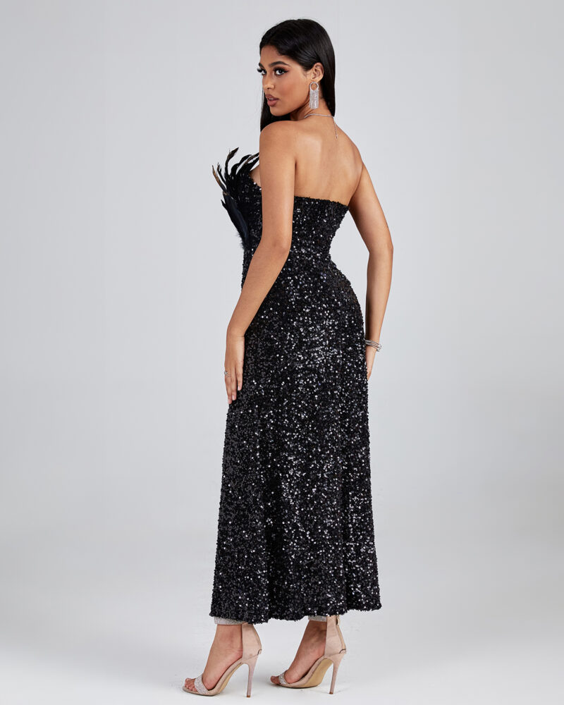 Black Asymmetric Sequined Strapless Feather Dress 2