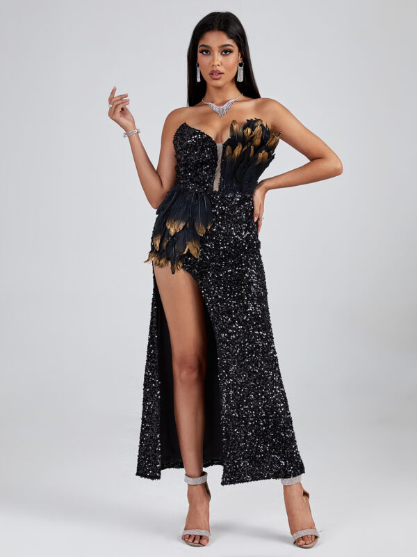 Black Asymmetric Sequined Strapless Feather Dress 3