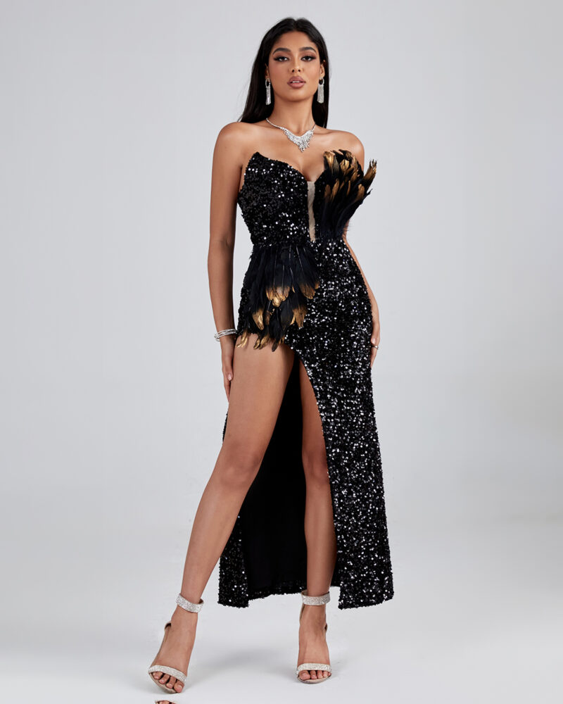 Black Asymmetric Sequined Strapless Feather Dress 4