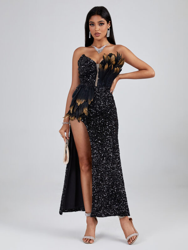 Black Asymmetric Sequined Strapless Feather Dress 5