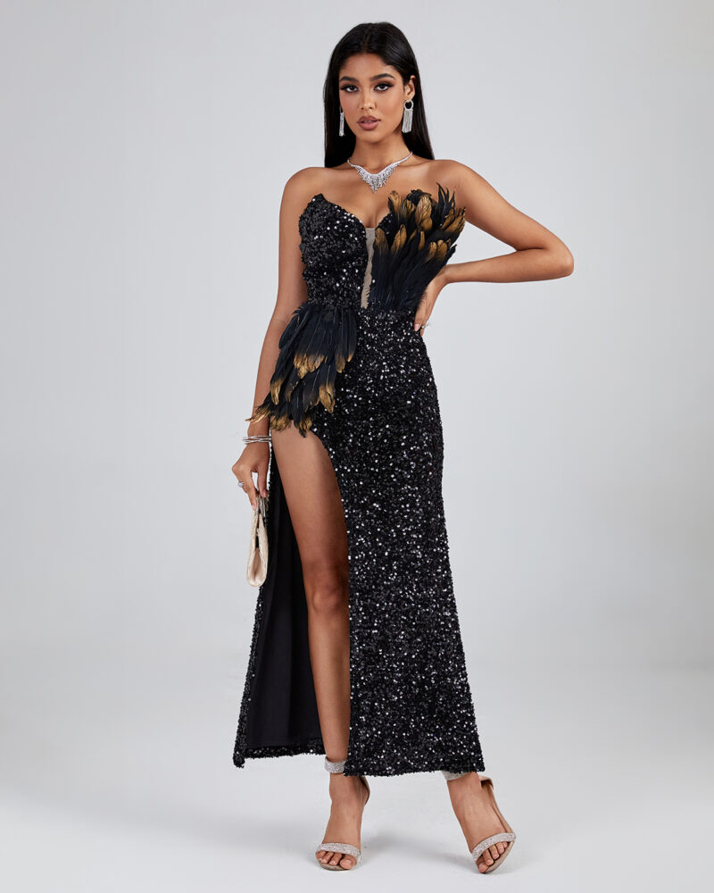 Black Asymmetric Sequined Strapless Feather Dress 5