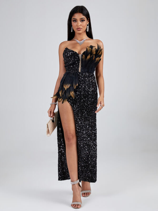 Black Asymmetric Sequined Strapless Feather Dress 6