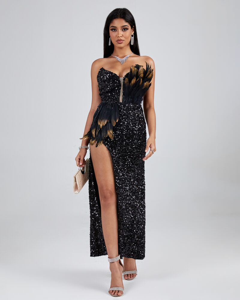 Black Asymmetric Sequined Strapless Feather Dress 6