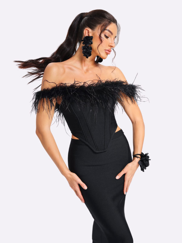 Black Feather Off-Shoulder Bandage Set 4