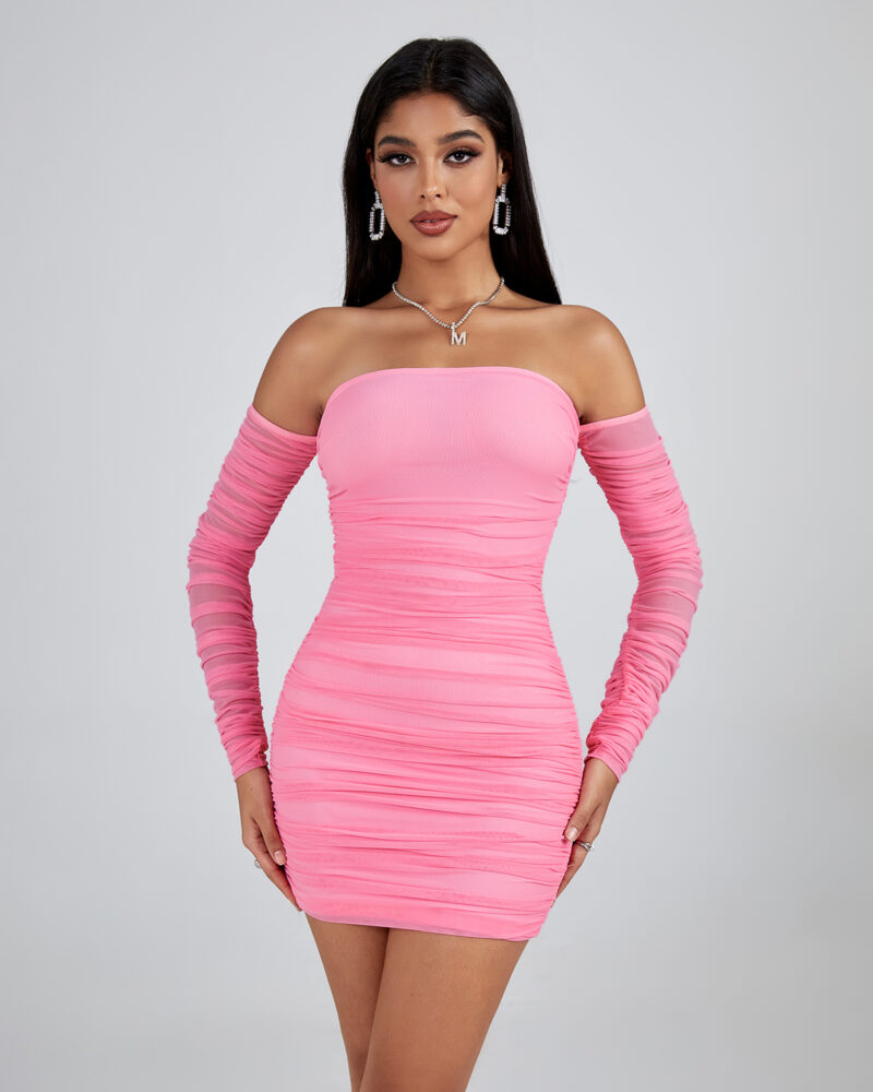 Casual Off Shoulder Pink Mini Dress 1