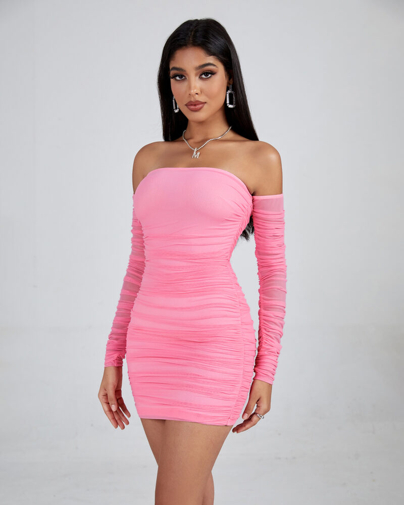 Casual Off Shoulder Pink Mini Dress 5