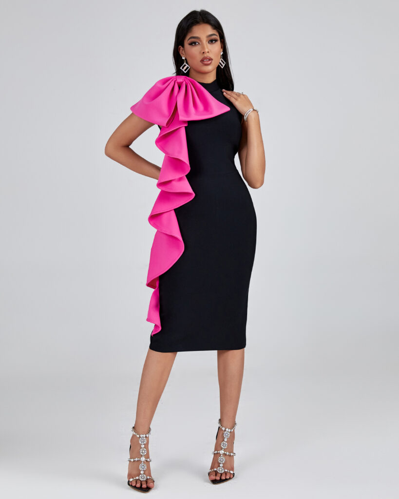 Color Block Bowknot Ruffle Midi Dress 3