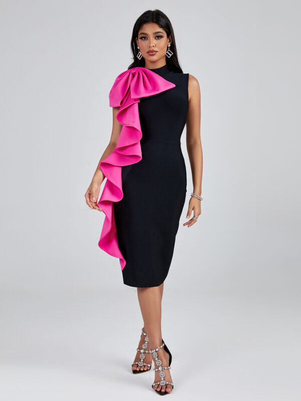 Color Block Bowknot Ruffle Midi Dress 4