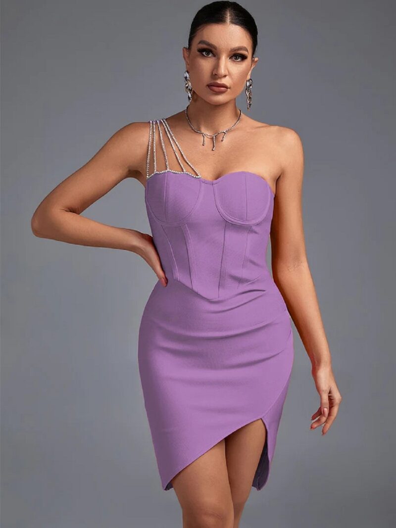 Crystal Draped One Shoulder Dress Light Purple 1