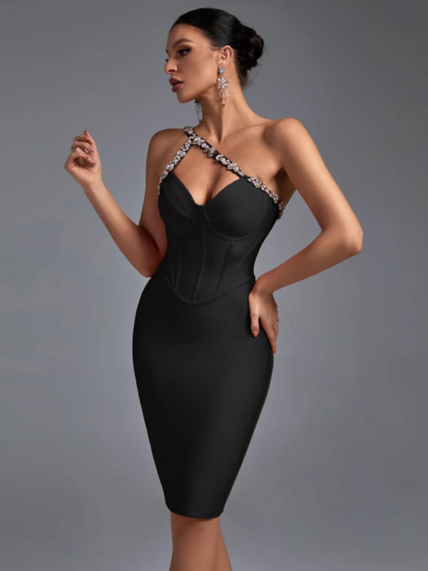 Crystal One Shoulder Mini Dress Black
