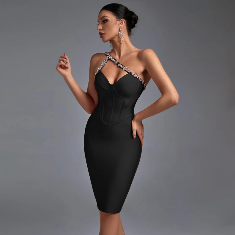 Crystal One Shoulder Mini Dress Black