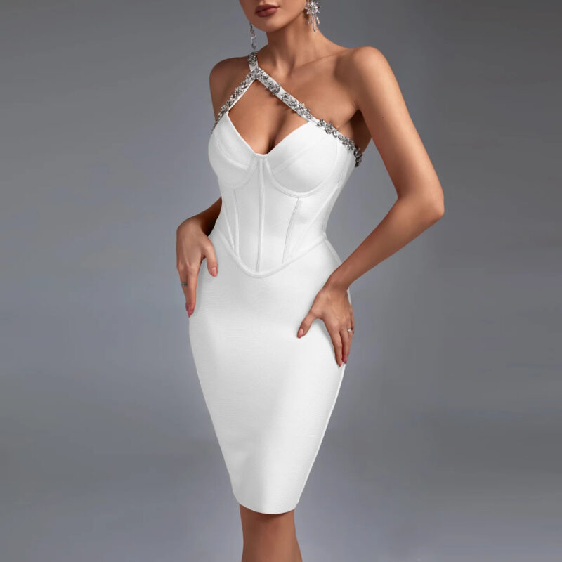 Crystal One Shoulder Mini Dress White