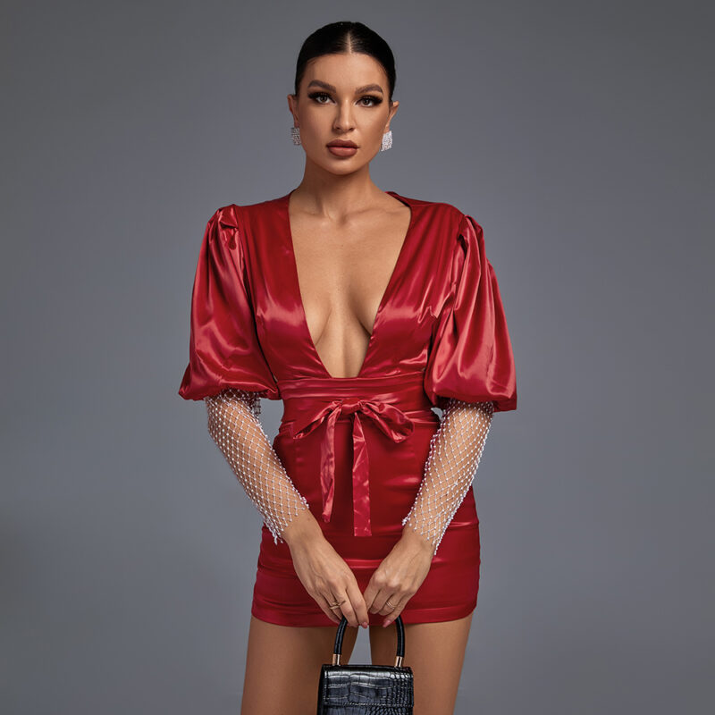 Crystal Sleeve Backless Mini Dress Red 1