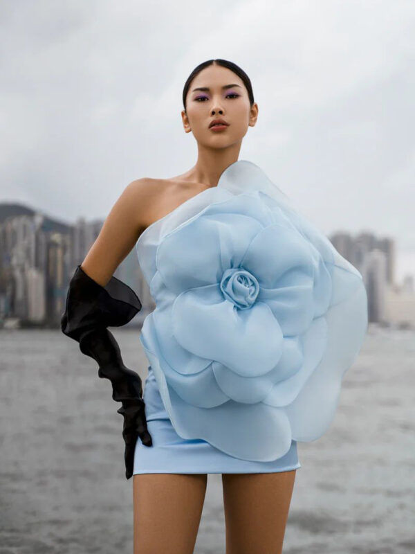 Diagonal Mesh Flower Mini Dress Light Blue 2