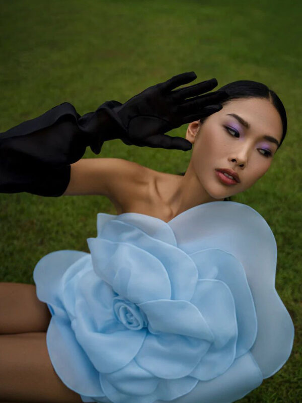 Diagonal Mesh Flower Mini Dress Light Blue 3