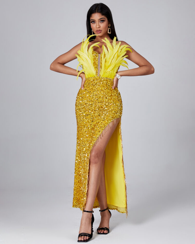 Elegant Gold Feather Sequin Maxi Dress 5