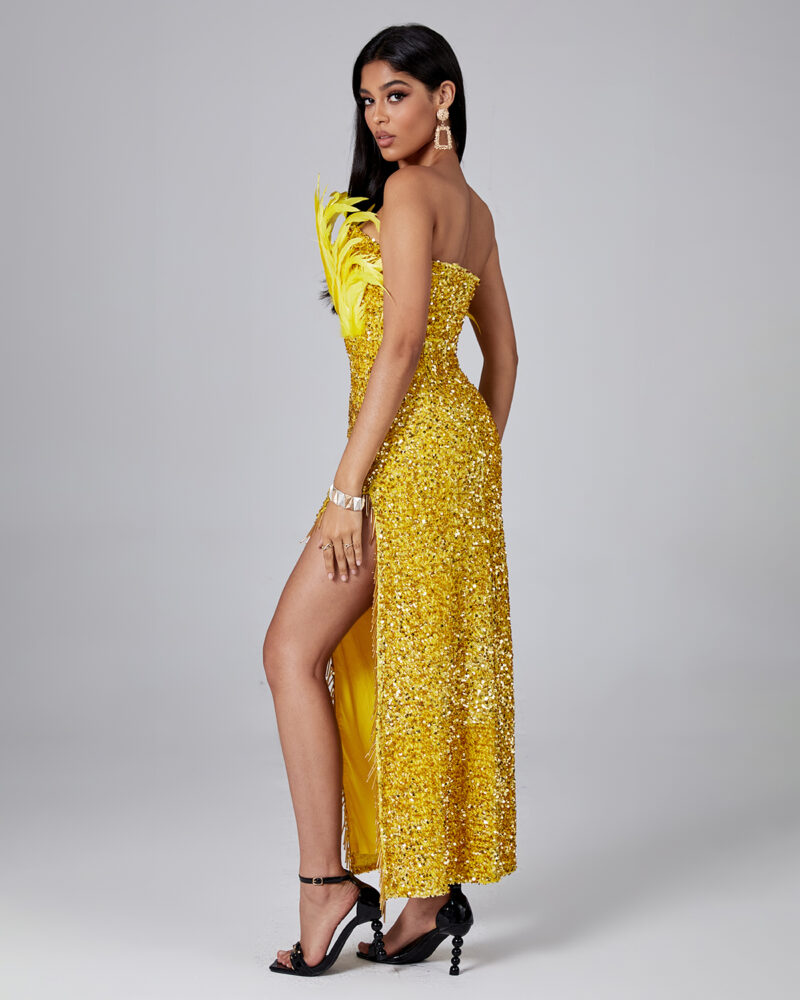 Elegant Gold Feather Sequin Maxi Dress 1