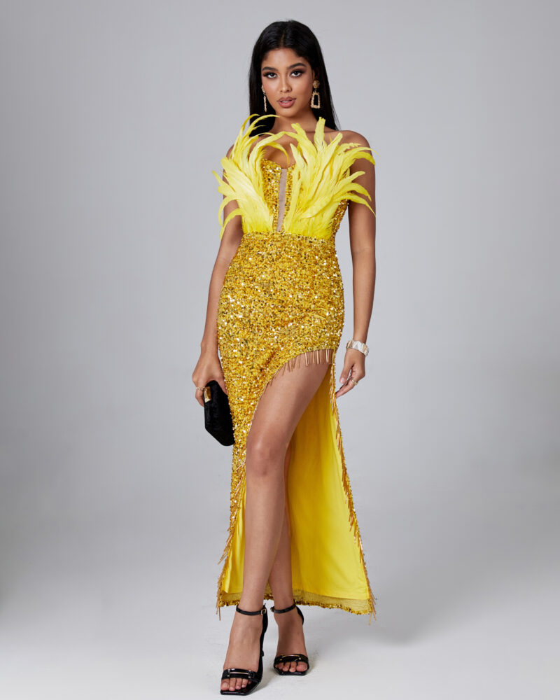 Elegant Gold Feather Sequin Maxi Dress 2