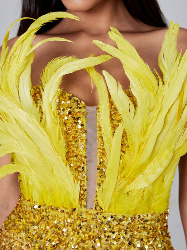 Elegant Gold Feather Sequin Maxi Dress 4