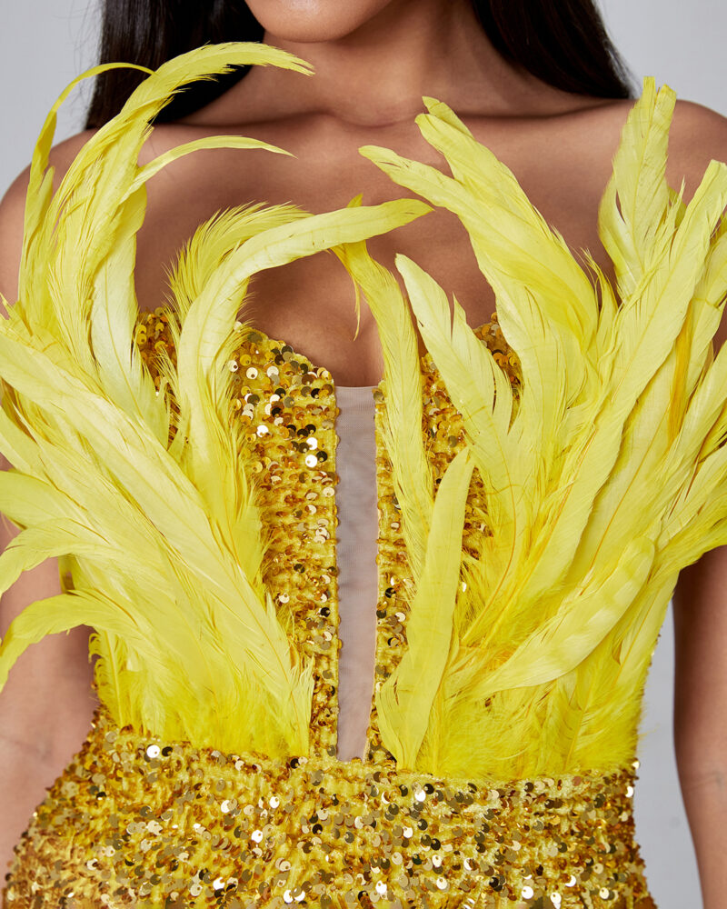 Elegant Gold Feather Sequin Maxi Dress 4