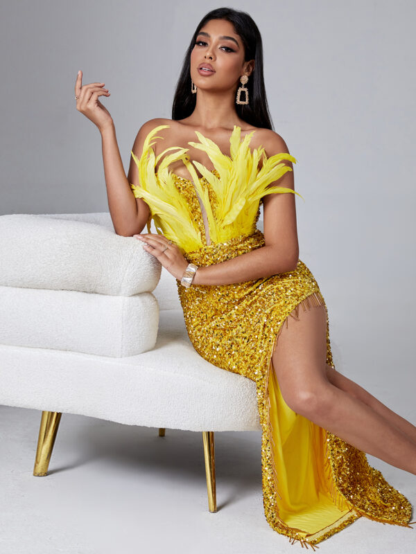 Elegant Gold Feather Sequin Maxi Dress 6